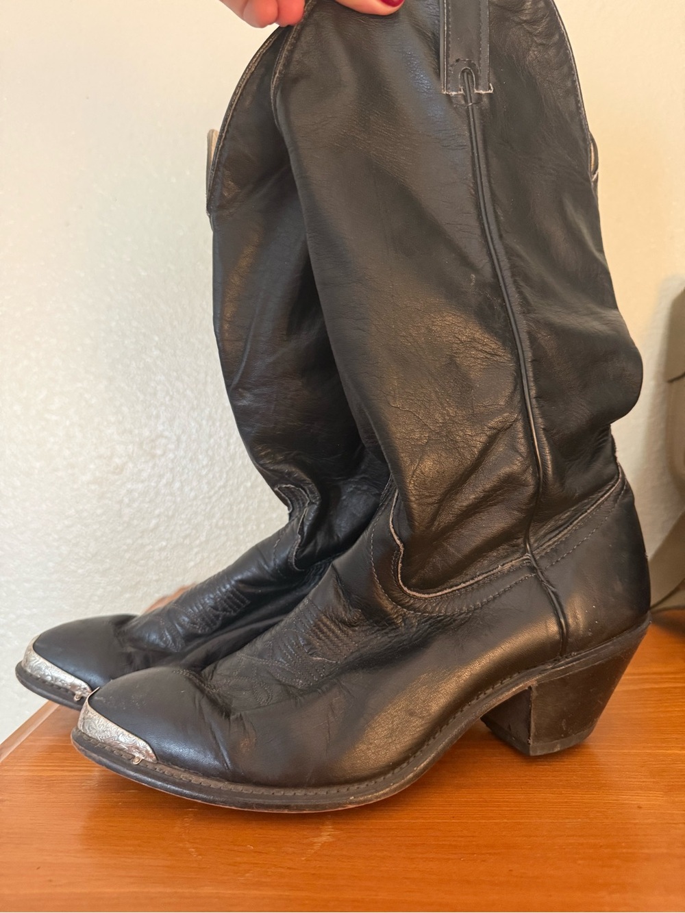 Code West Vintage Black Leather Heeled Western Boots with Silver Toe Caps